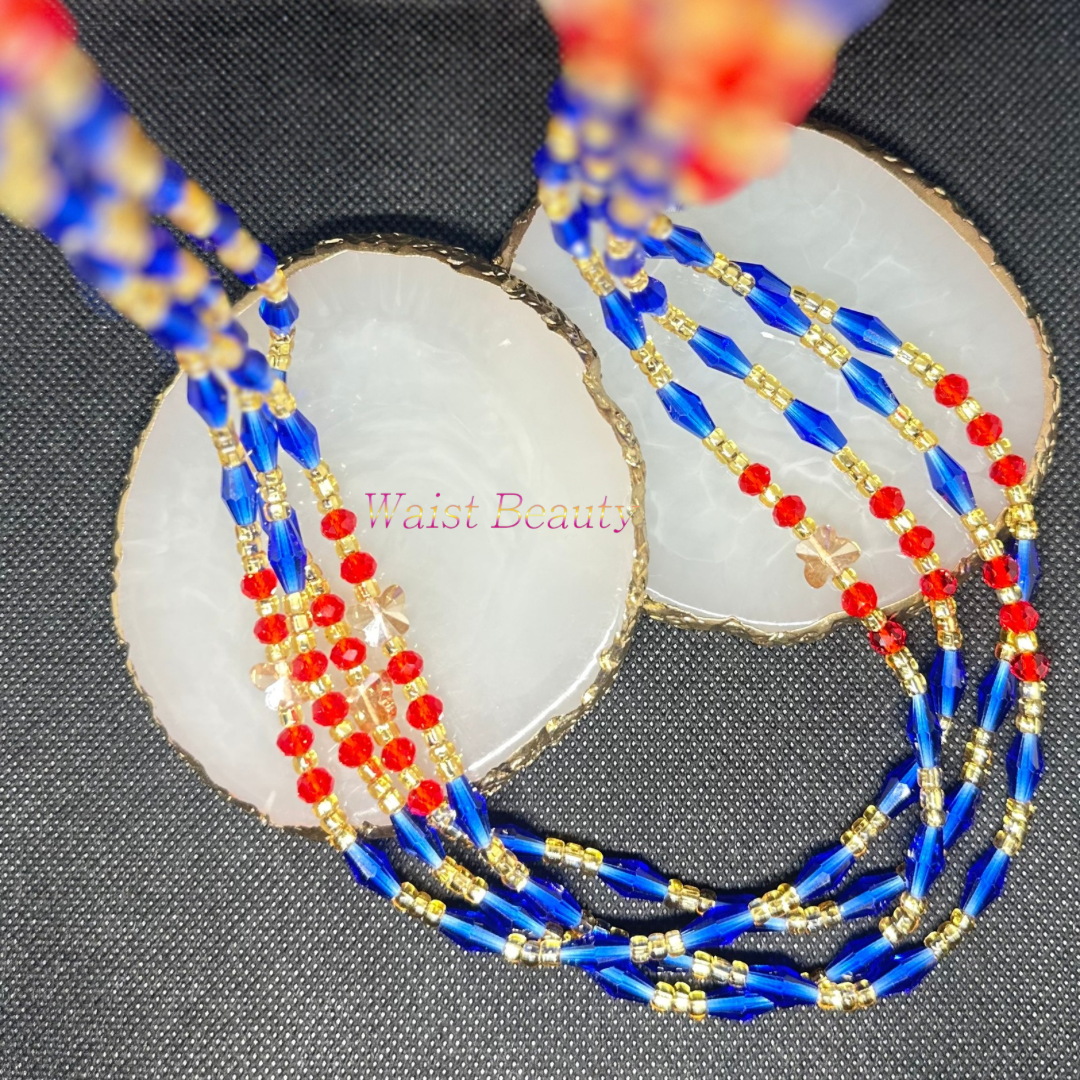 Vibrant blend of blue, red, and gold waist bead from Waist Beauty collection.