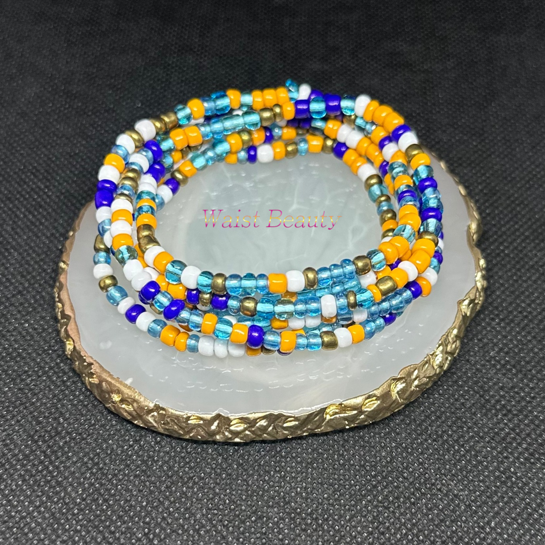 White, light blue, royal blue, orange, and bronze tie-on waist bead from Waist Beauty