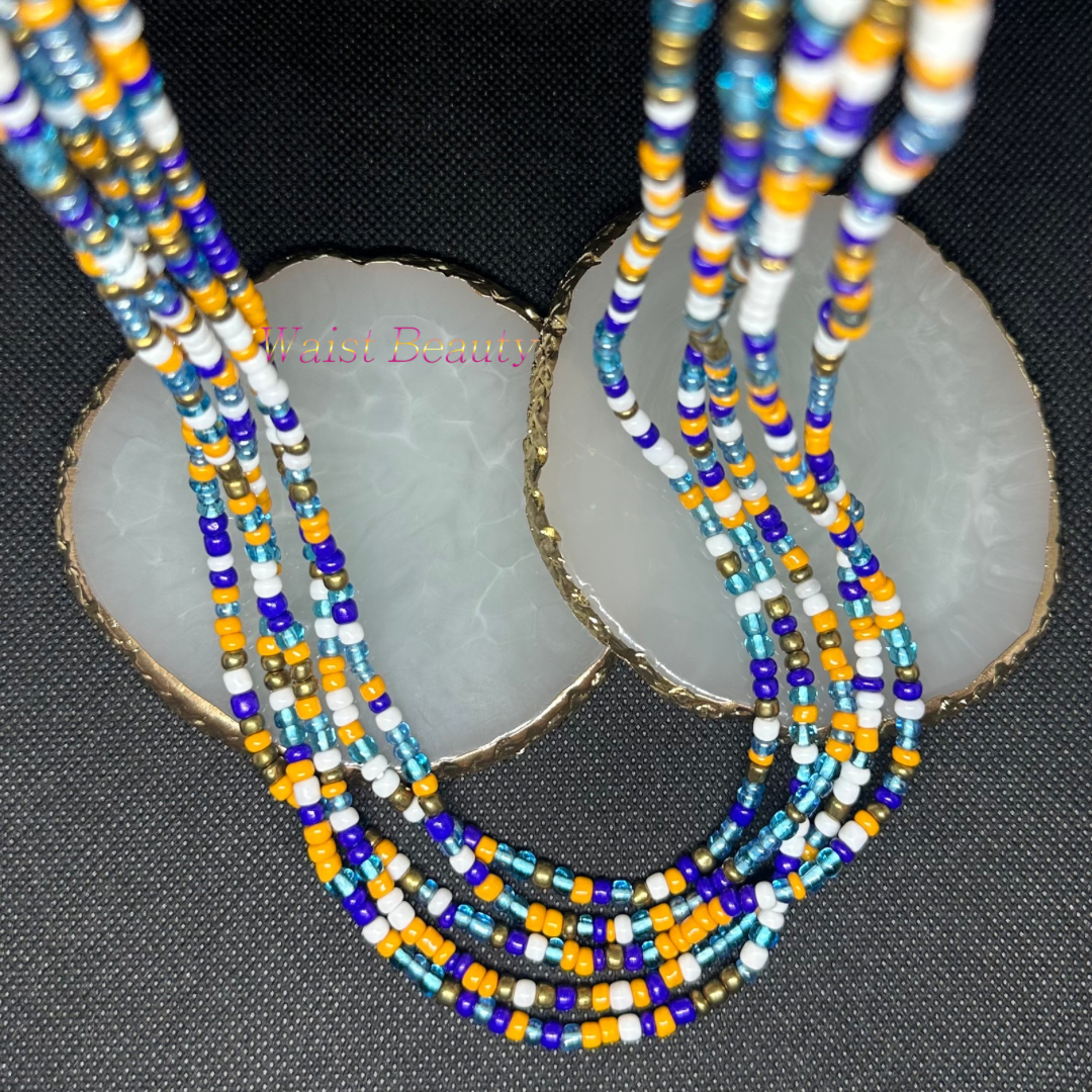 White, light blue, royal blue, orange, and bronze tie-on waist bead from Waist Beauty