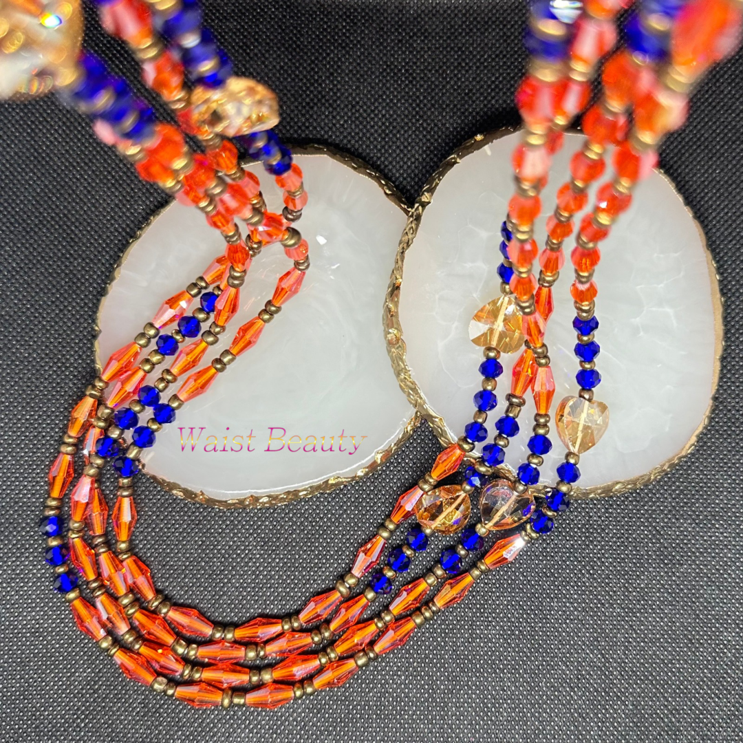 Vibrant waist bead featuring bright orange, gold, and blue hues.