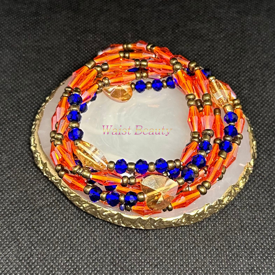 Vibrant waist bead featuring bright orange, gold, and blue hues.