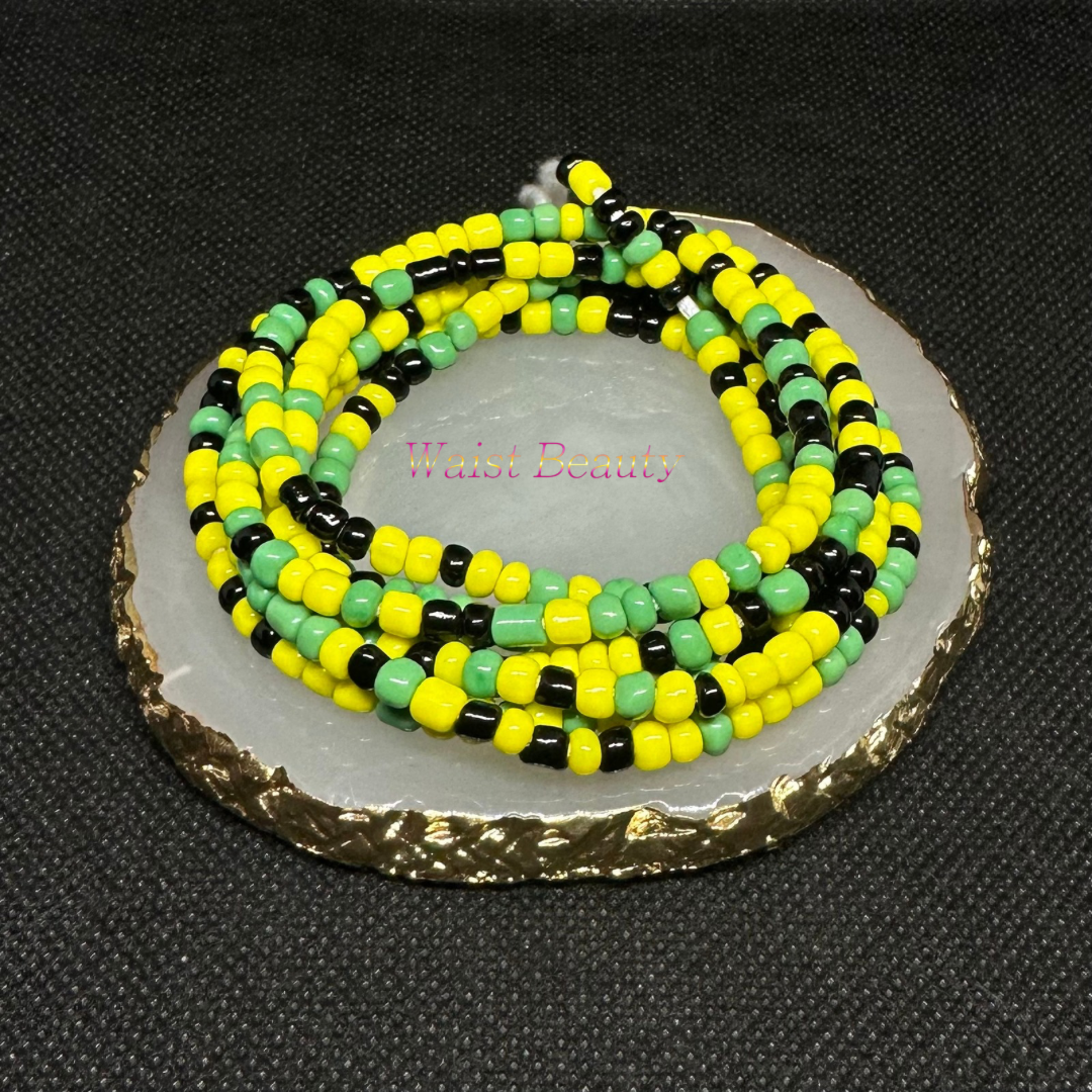 Customizable tie-on waist beads representing various flags, perfect for celebrating diversity and cultural heritage. This example is Jamaica themed