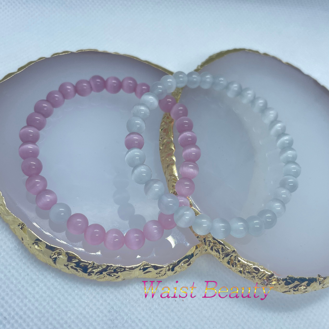 White Cat's Eye Opal&Rose Quartz Bracelets 2pc