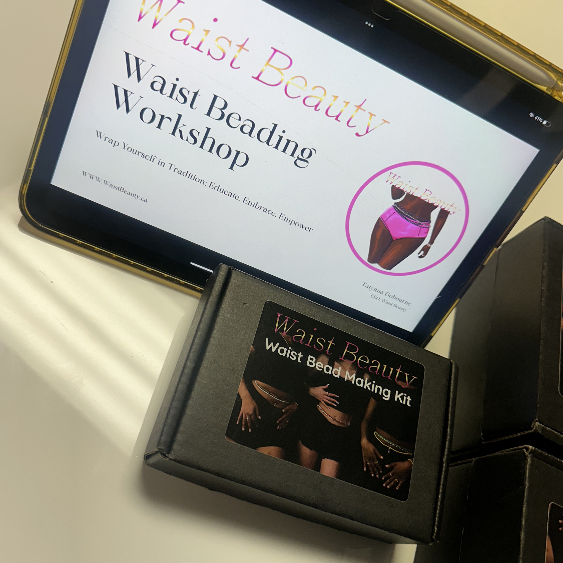 Tablet displaying 'Waist Beauty' workshop information with a waist beading kit box below.