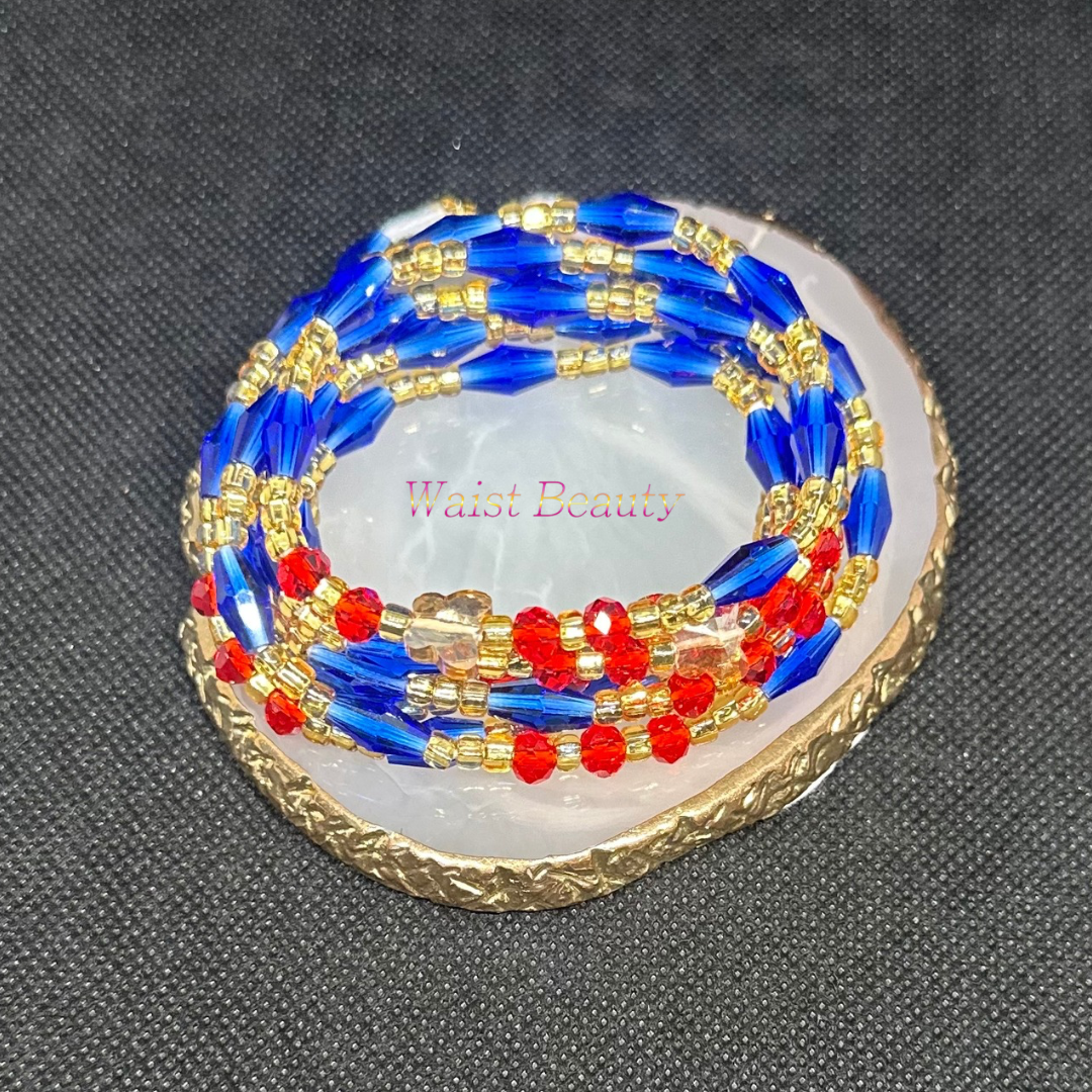 Vibrant blend of blue, red, and gold waist bead from Waist Beauty collection.