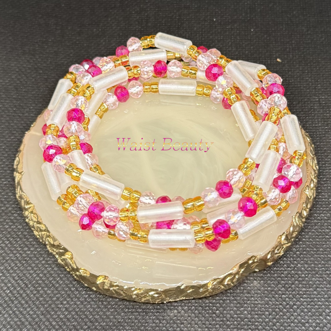 Pink, gold and white tie-on waist bead
