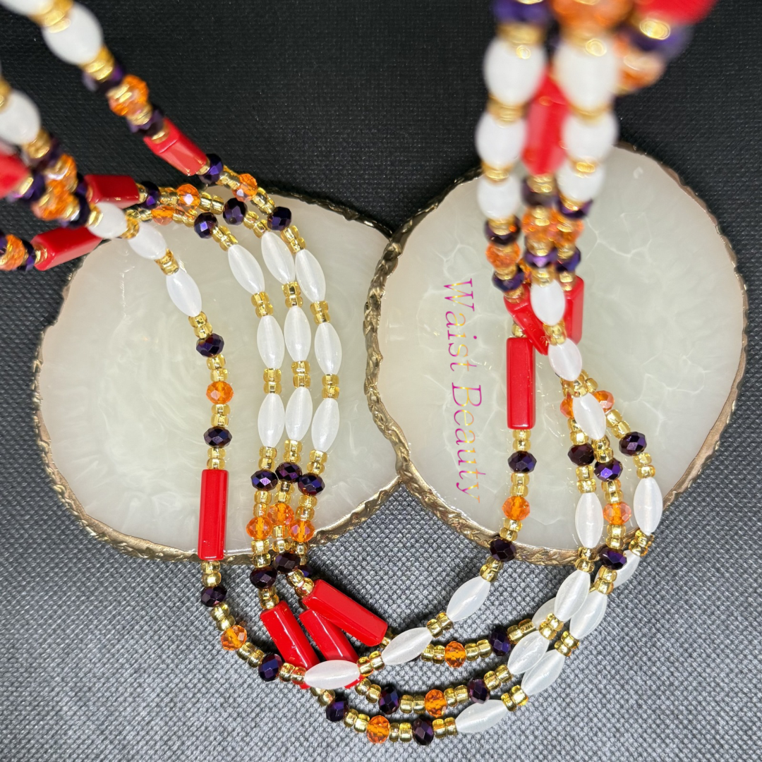 Gold, orange, purple, red, white tie-on waist bead