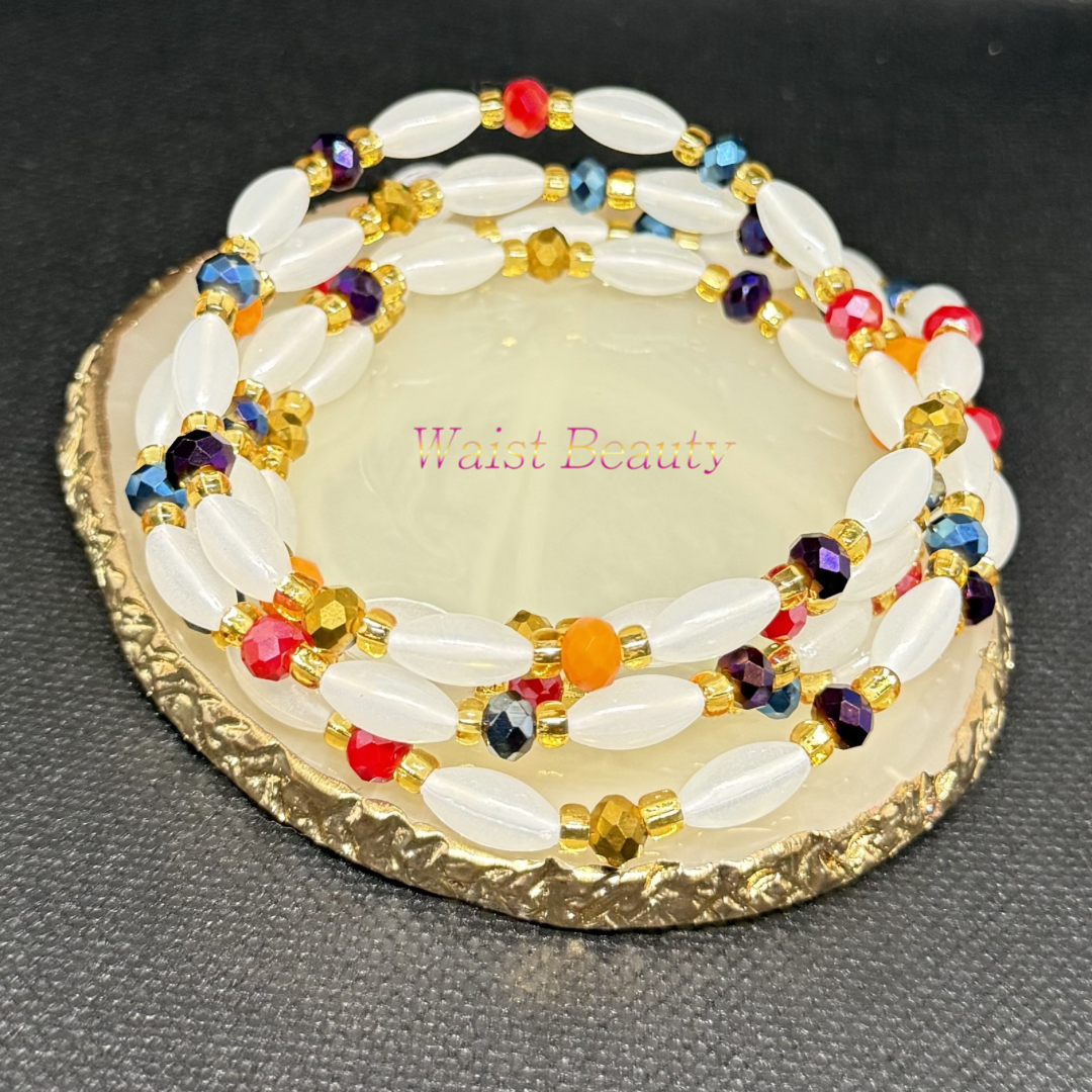 Colourful 53-inch tie-on waist bead with shimmering opalescent rice beads, rainbow crystal accents, and gold seed beads, designed to create a radiant layered style