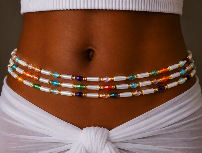 A close-up of a model's midsection wearing a beaded waist chain with white faux pearls and colorful faceted beads in multiple colors.