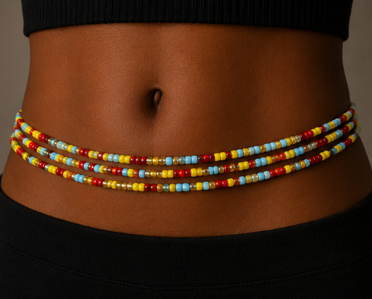 A close-up of a person's waist wearing a beaded wrap-style belt with red, yellow, and light blue beads, paired with a black ribbed top and black bottoms.
