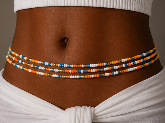 A close-up of a person's waist wearing three beaded waistbands made of small orange, white, blue, and yellow beads, styled with a white ribbed top and a white knotted fabric at the waist.